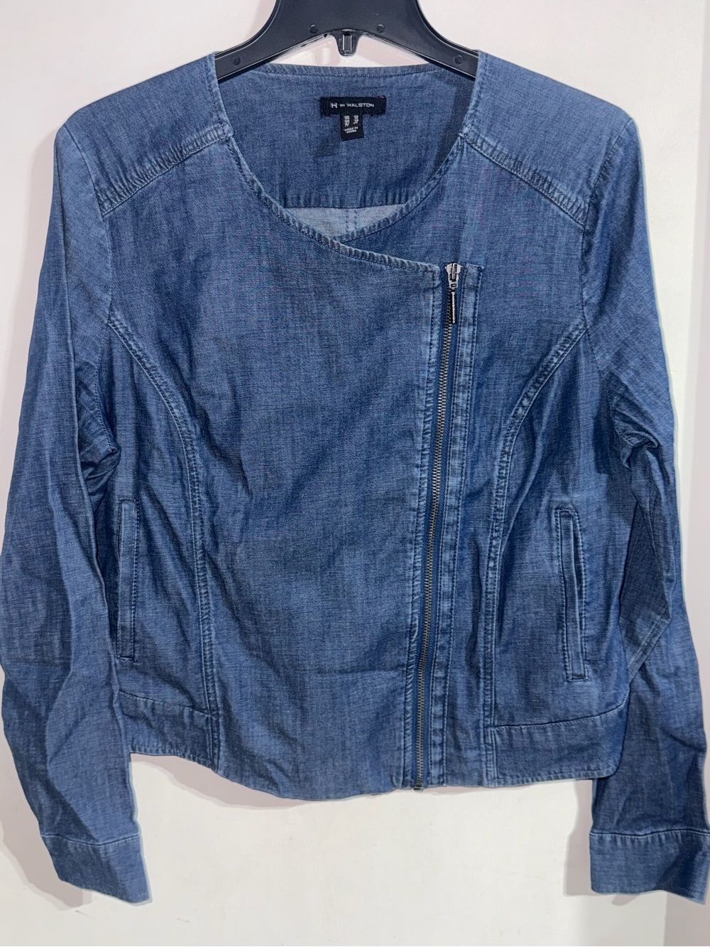 H by Halston Blue Denim Asymmetrical Zip Jacket